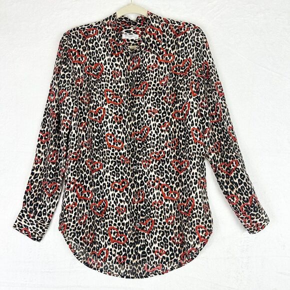 Equipment Adalyn Leopard Heart Print Silk Shirt Natural Ginseng Size XS - Picture 7 of 12
